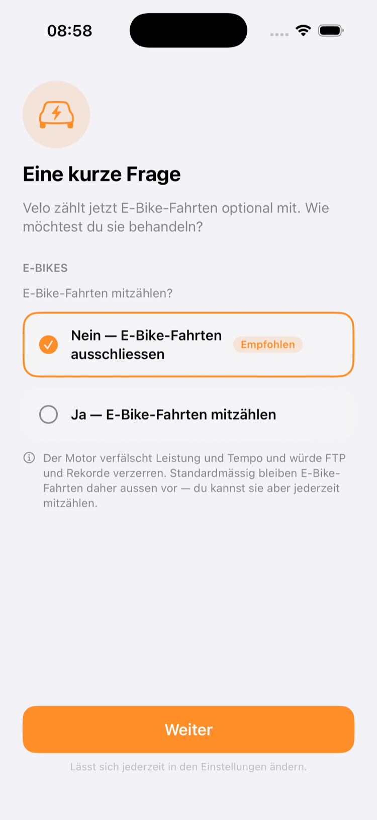 Onboarding-Frage: E-Bike-Fahrten mitzählen? Mit Begründung der Empfehlung — der Motor verfälscht Leistung und Tempo.