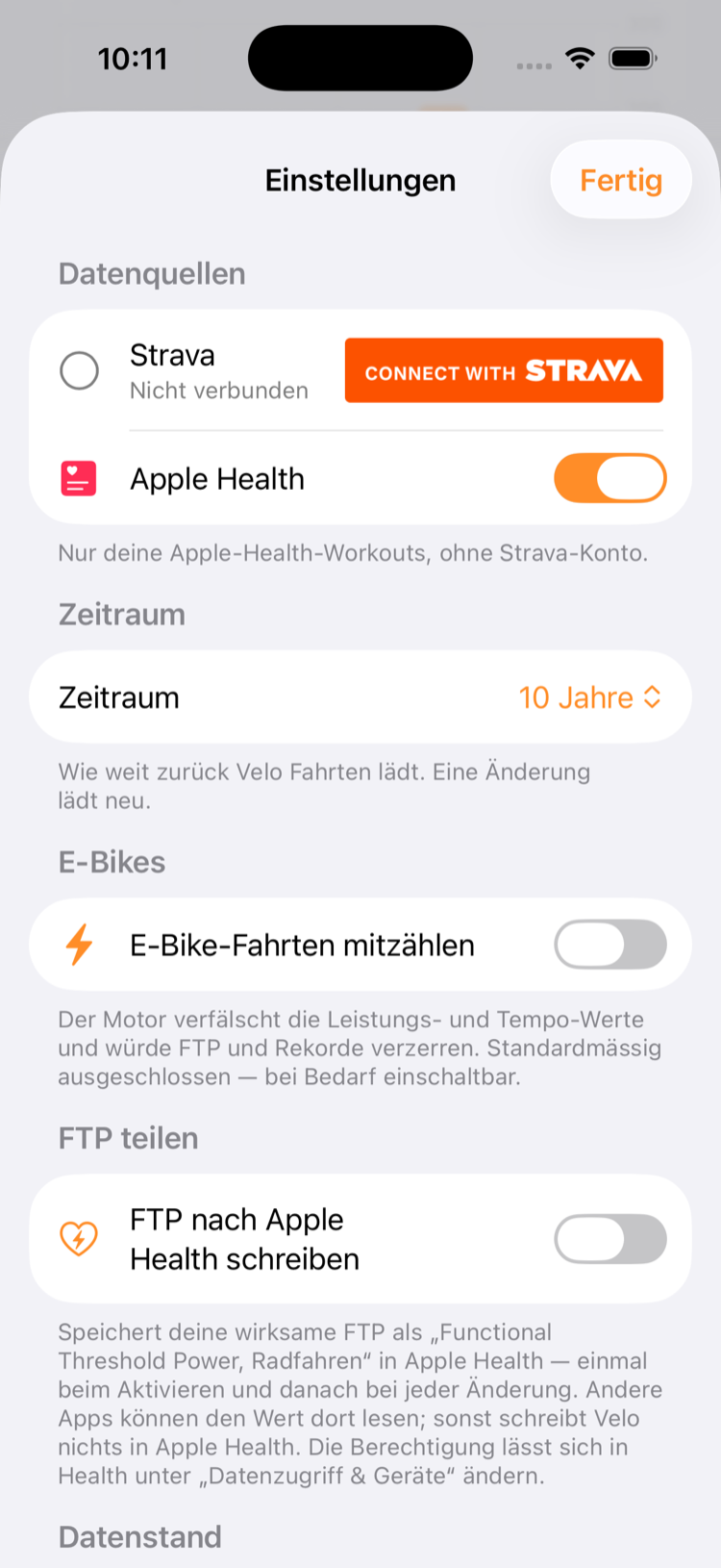 Einstellungen: Datenquellen Strava und Apple Health, Zeitraum der geladenen Fahrten, E-Bike-Option und FTP-Übergabe an Apple Health.